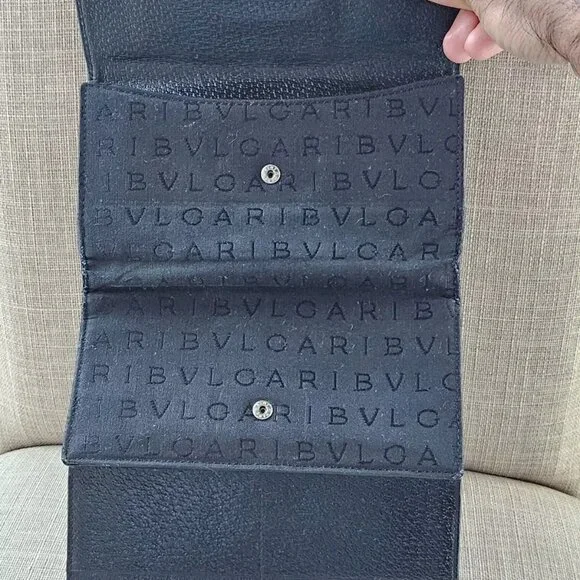 BVLGARI Clutch Long Wallet Card Holder Black Leather/Canvas Bag Purse Made Italy - Picture 4 of 14